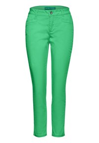 Gröna bomullsvide med slim fit, med knäppning fram, två framfickor och en mjuk textur.