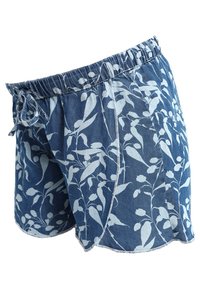 Blå blommiga shorts gjorda av bomullstyg, med en lätt design, elastisk midja och dragsko för justering.
