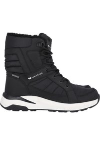 Zwarte waterdichte wandelschoenen met een gestructureerde bovenkant, vetersluiting en een contrasterende witte zool. Kenmerken zijn een gevoerde kraag en zijaccenten.