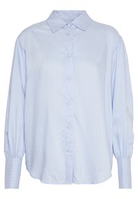 Camicia button-up azzurro chiaro con colletto, maniche lunghe a sbuffo e righe verticali. Realizzata in un tessuto liscio con una vestibilità rilassata.