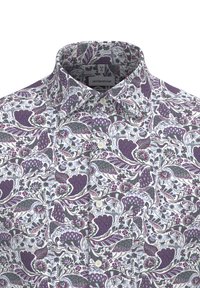 Camicia da uomo con un motivo floreale multicolore in viola, blu e bianco. Tessuto in cotone, colletto button-down e design classico.