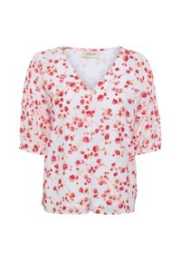 Blusa bianca con motivo floreale in rosso e giallo, scollo a V e chiusura con bottoni; tessuto morbido con maniche corte e a sbuffo.