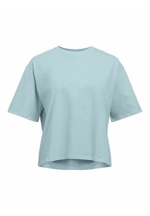 T-shirt ample à manches courtes bleu clair avec un col rond et un ourlet légèrement incurvé.