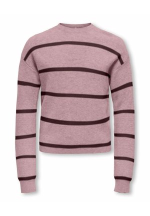 Maglione a maniche lunghe rosa chiaro con righe orizzontali scure e scollatura tonda, mostrato su sfondo bianco.