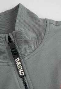 Szary sweatshirt z żebrowanym kołnierzem i czarnym zamkiem błyskawicznym. Na uchwycie zamka znajduje się logo, co podkreśla prosty, casualowy design.