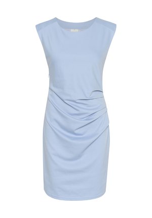 Helles blaues, ärmelloses Kleid aus dehnbarem Stoff mit rundem Ausschnitt und gerafften Details an der Seite, das eine glatte Textur und Passform bietet.