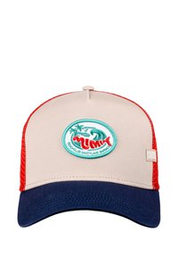 Beige cap with red mesh sides and a navy brim. Features an embroidered logo in green and red with palm trees and waves.