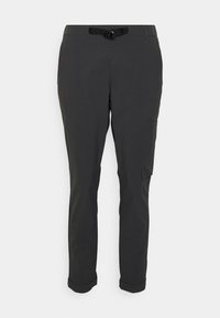 Czarne, lekkie spodnie outdoorowe z paskiem, prostym krojem i mankietami; mają dwie boczne kieszenie oraz kieszeń cargo na udzie.