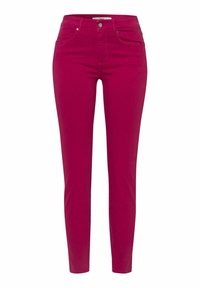 Obepnuté růžové džíny z denimu s hladkou texturou, klasickým pětipocketovým designem a kovovým knoflíkem na zapínání v pase.