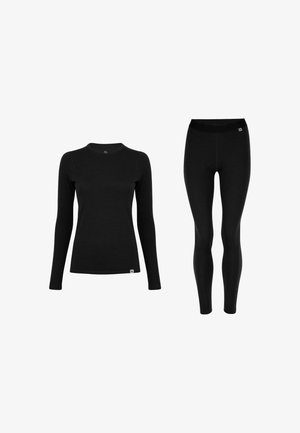 Schwarzes langärmliges Basisschicht-Oberteil mit rundem Ausschnitt und enger Passform, kombiniert mit passenden schwarzen Leggings. Strukturierter Stoff, dezentes Branding.