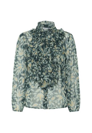 Doorzichtige blouse met lange mouwen in een groen en beige bloemmotief, met een gelaagde, gerimpelde voorkant, hoge kraag en met knopen gesloten manchetten.
