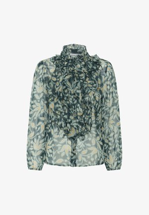 Prosojna bluza s dolgimi rokavi z zelenim in bež cvetličnim vzorcem ter plastenjem nagubanega sprednjega dela, z visokim ovratnikom in gumbnimi zapenjali.