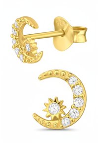 Orecchini color oro a forma di luna crescente e sole, decorati con cristalli trasparenti e dettagli texturizzati. Realizzati in argento 925.