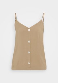 Béžový dámský top bez rukávů s tenkými nastavovacími ramínky a čtyřmi bílými knoflíky vpředu na čistém bílém pozadí.