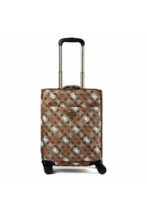 Petite valise à roulettes avec poignée extensible, motif losanges marron avec motifs floraux blancs et orange, quatre roues noires.