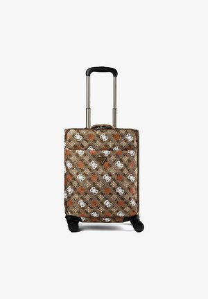 Petite valise à roulettes avec poignée extensible, motif losanges marron avec motifs floraux blancs et orange, quatre roues noires.