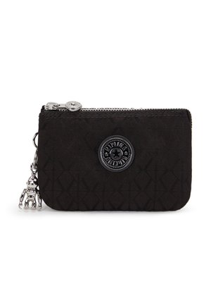 Black zippered wallet with diamond pattern, featuring a circular embossed logo and silver charm on the zipper pull. Textured surface.