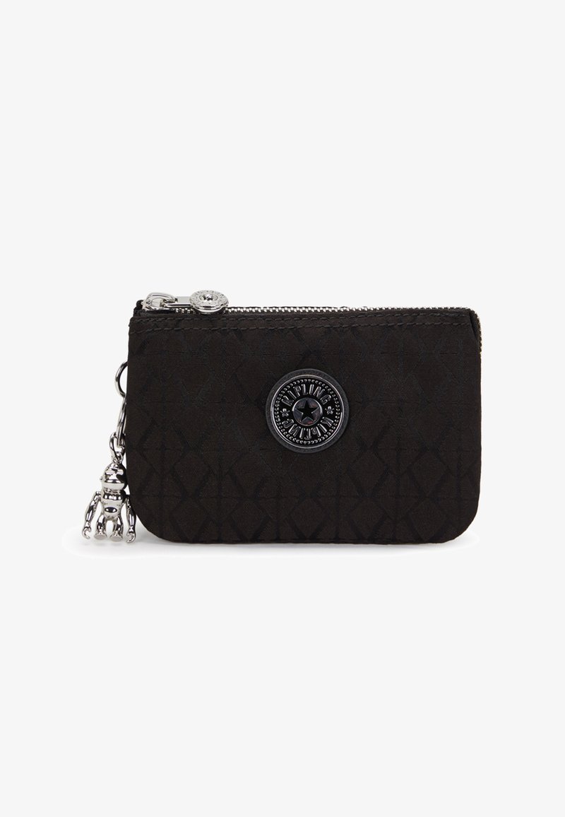 Black zippered wallet with diamond pattern, featuring a circular embossed logo and silver charm on the zipper pull. Textured surface.