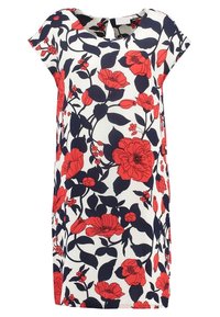 Vestido floral en blanco con un atrevido patrón de flores en rojo y azul marino. Mangas cortas, escote amplio y corte suelto. Tejido texturizado.