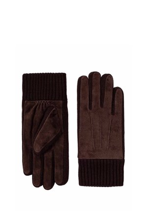 Brune handsker med ribbet strik ved håndleddet, blød tekstur og tre sømdekor på bagsiden. En handske har en tommelfingeråbning og en fingeråbning.