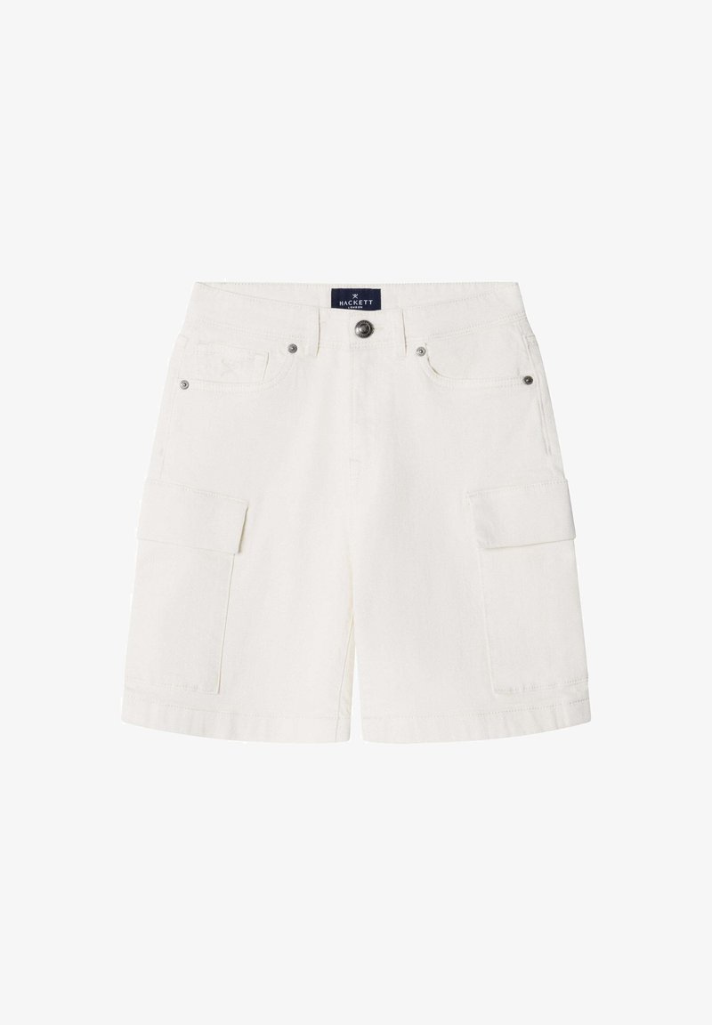 Weiße Cargo-Shorts mit vorderem Knopf, Gürtelschlaufen, zwei seitlichen Taschen und Klappentaschen an jedem Bein, mit dem Etikett Hackett London.