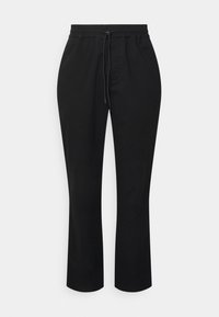 Mustat juoksuhousut, joissa on joustava vyötärönauha, kiristysnauha, kapeutuvat lahkeet ja sileä kangaspinta. Ei taskuja tai näkyviä kuvioita.