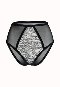 Hoge taille zwarte slip met doorzichtig mesh aan de zijkanten en een kanten voorpaneel met bloemmotieven en zwarte rand langs de randen.