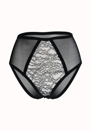 Högmidjade svarta trosor med genomskinliga nät-sidor och en frontpanel av s.k. spets med blommönster och svarta kanter längs sidorna.