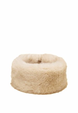 Beež kaisus pehme ümara kujuga karusnahast kaelus, mis on mõeldud soojust ja mugavust pakkuma külmade ilmade ajal.