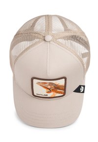 Beige trucker cap with mesh back, featuring a patch of an orange iguana and the word "OUTLAW" on the front panel.