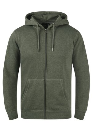 Olivgrüne Zip-Hoodie aus weichem Material, mit einer Kapuze mit Kordelzug, Fronttaschen und gerippten Bündchen und Saum.