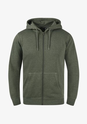 Oliven grøn zip-up hættetrøje lavet af blødt materiale, med trækcord i hætten, forlommer og ribbede manchetter og kant.