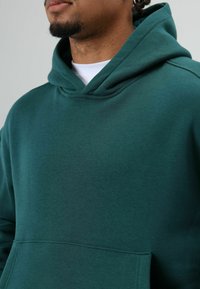Sweat-shirt à capuche vert en tissu doux. Comprend une poche kangourou et une capuche à cordon ajustable. Design simple et minimaliste.