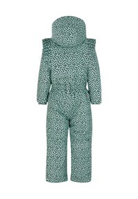 Groene gewatteerde jumpsuit met een gegraveerd ontwerp. Beschikt over een kap, rimpelrokken op de schouders en een elastische tailleband. Korte benen en een gladde textuur.