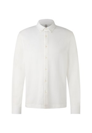 Witte langekoot shirt met een button-down kraag, voorzien van een subtiele geborduurde logo op de borst en een bijpassende knopenlijst.