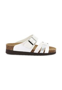 Sandali bianchi slip-on con più cinghie, inclusa un'accensione metallica, e una soletta in sughero. Suola in gomma marrone con battistrada per una migliore aderenza.