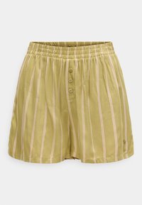 Πράσινο ριγέ σορτς από ελαφρύ ύφασμα. Διαθέτει ελαστική μέση, πέντε κουμπιά στο μπροστινό μέρος και μικρό λογότυπο στο τελείωμα.