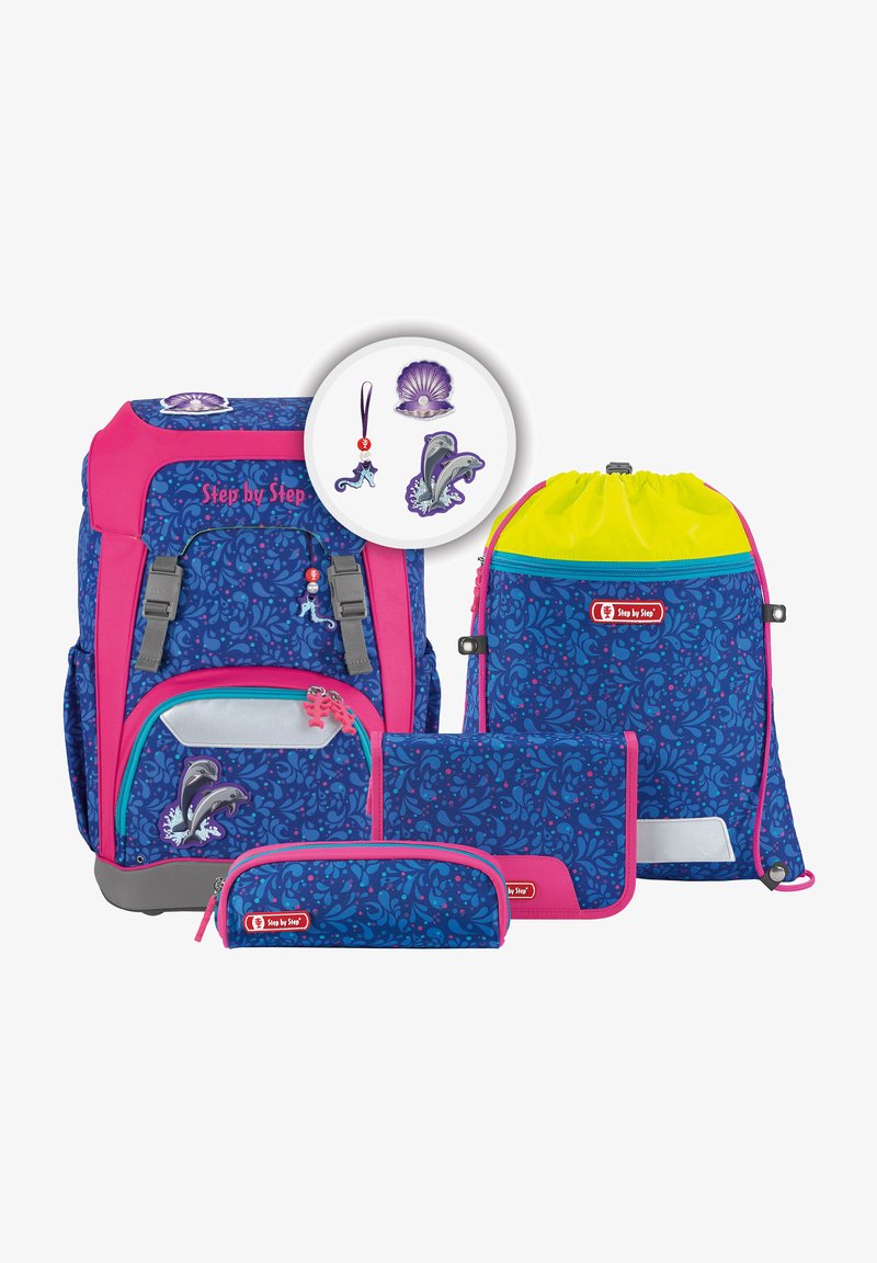 Backpack set features a blue floral pattern with pink accents. Includes a main backpack, drawstring bag, pencil case, and accessory pouch.