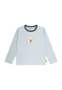Helles blaues Langarmshirt aus weichem Stoff, mit einem gestickten Bärenkopf in Beige auf der Vorderseite und einem marineblauen Rippenkragen.