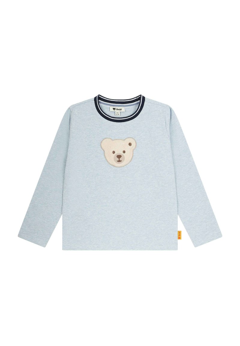 Helles blaues Langarmshirt aus weichem Stoff, mit einem gestickten Bärenkopf in Beige auf der Vorderseite und einem marineblauen Rippenkragen.