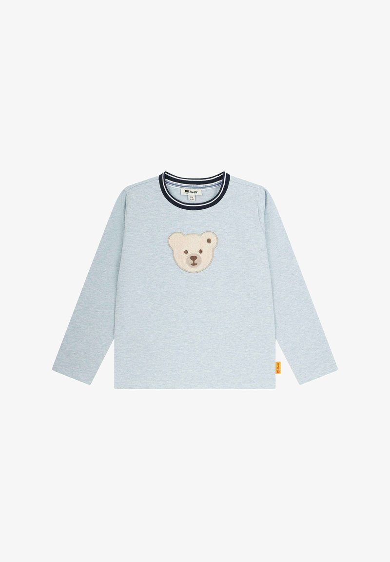Helles blaues Langarmshirt aus weichem Stoff, mit einem gestickten Bärenkopf in Beige auf der Vorderseite und einem marineblauen Rippenkragen.