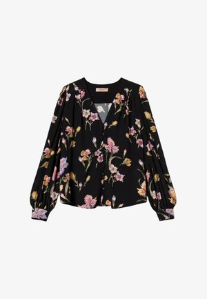 Blusa nera a fiori con maniche lunghe a palloncino, scollatura a V e bottoni, decorata con motivi di fiori rosa, viola e gialli.