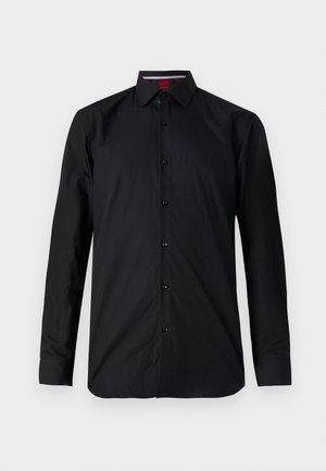 Black long-sleeve shirt made of smooth fabric. Features a button-down front, classic collar, and subtle stitching. Reinforced cuffs.