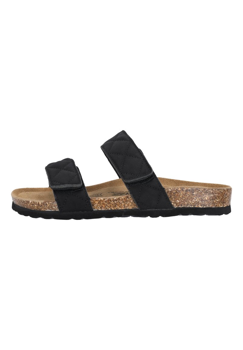 Svarta quiltade slip-in sandaler med två justerbara remmar, korkfotbädd och texturerad gummisula, med en platt design och lätt konstruktion.