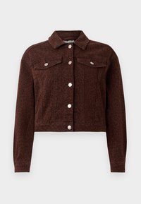 Brun kort denimjakke med mørk leopardmønster, sølvsnapper, to brystlommer og lange ermer.