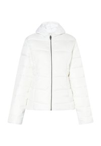 Witte pufferjack met rits aan de voorkant en capuchon. Kenmerkt zich door het gestikte patroon en lange mouwen. Smooth, lichtgewicht materiaal.