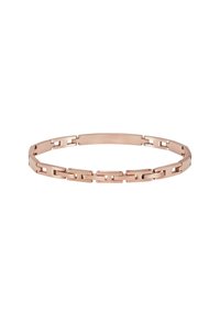 Bracciale in oro rosa caratterizzato da anelli rettangolari intrecciati con superfici lisce e accenti intagliati, che mostra un design moderno e minimalista.