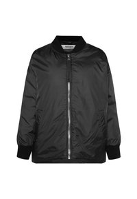 Schwarze Bomberjacke aus glänzendem Nylon, mit einem Frontreißverschluss, gerippten Bündchen und seitlichen Taschen. Glatte Textur mit lockerer Passform.