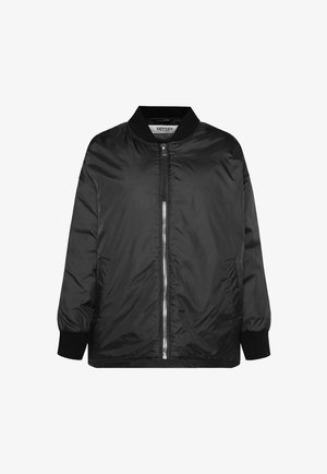 Black bomber jacket made of shiny nylon, featuring a front zipper, ribbed cuffs, and side pockets. Smooth texture with a relaxed fit.