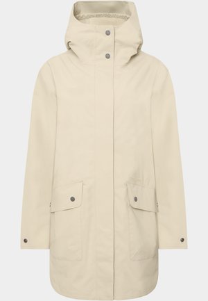 Veste de pluie beige à capuche avec une coupe droite, deux poches avant, des fermetures à pression et un tissu lisse et résistant à l'eau.